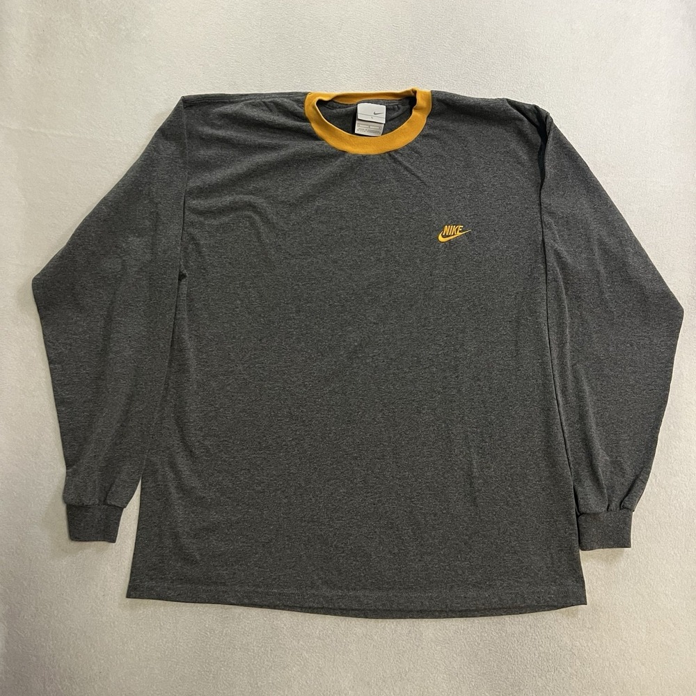 Vintage Y2K Nike T-Shirt Mens L Gray Ringer Long Sleeve Yellow Swoosh Silver Tag